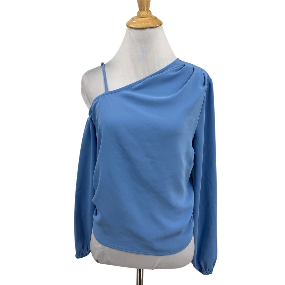 Open Edit Top Womens XXS 2XS Blue Pleated Asymmetric Long Sleeve Cropped Blouse